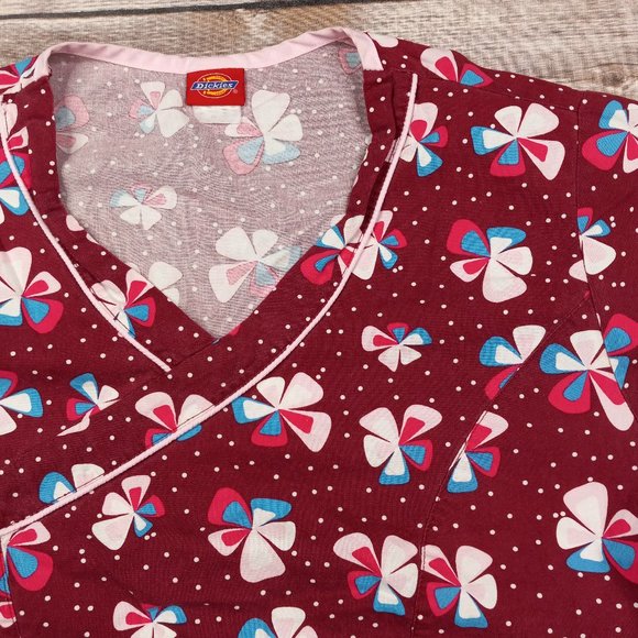 Dickies Tops - Dickies Small Scrub Top Dark Red Floral Polka Dots